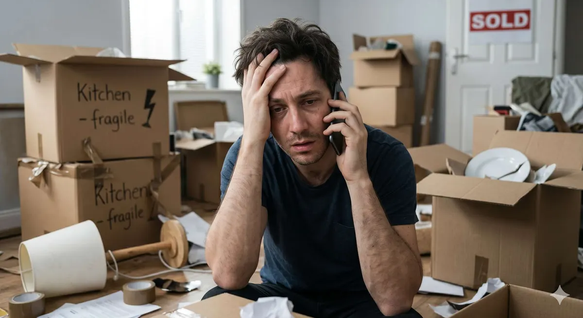 Stressed person overwhelmed by moving chaos